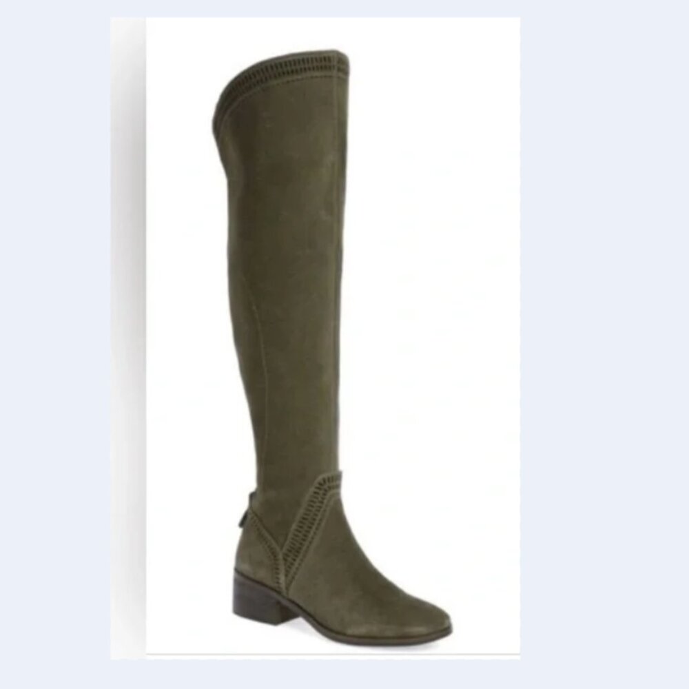 Vince Camuto Suede Boots Low Heel Over The Knee OTK Olive Gray NEW Womens 5.5